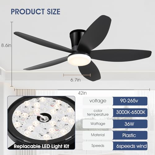 42-Inch Ceiling Fan with Lights and Remote, Low Profile Flush Mount, Reversible DC Motor, Black