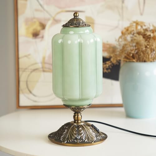 YESIDS Green Vintage Milk Glass 3-Way Dimmable USB-C Bedside Table Lamp