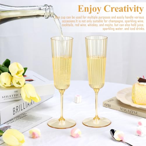 SHIQIKEJIPTY 48 Pack Gold Detachable Ribbed Champagne Glasses - 5.5 oz Plastic Flutes