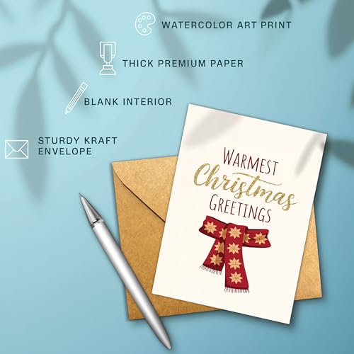 Warm Christmas Greetings Card with Red Scarf & Gold Accents - Holiday Stationery (5.3x8in)