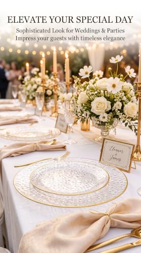 SUT 100Pcs Clear Disposable Plastic Plates with Gold Rim - Heavy Duty & Elegant Wedding Dinnerware, Include 50 Dinner & 50 Dessert Plates