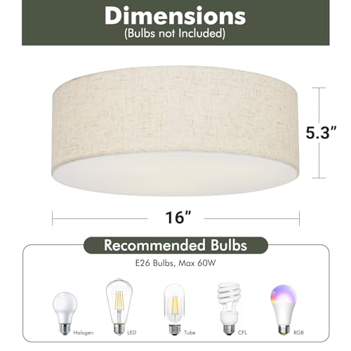 Vexagyle Linen Close to Ceiling Light Fixture - 16 Inch Modern Drum Light with Double Fabric Shade for Bedroom & Living Room