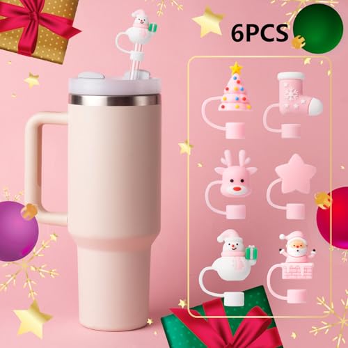 6Pcs Christmas Pink Straw Cover Cap for Stanley Cup 40oz/30oz Tumbler, 10mm Reusable Cute Drinking Straw Topper Accessories, Portable Protector Plugs Decorations Gifts for Party Christmas