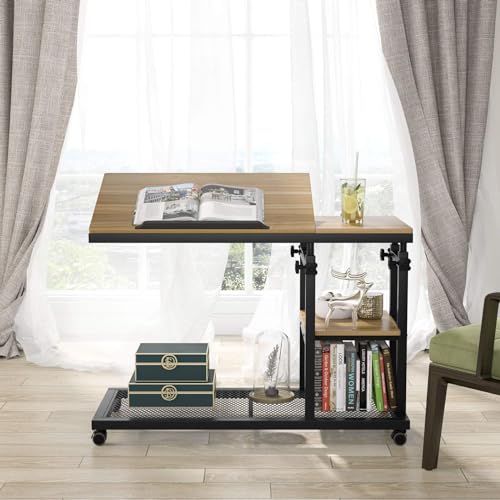 Tribesigns Height Adjustable C Table with Wheels Black Oak - Mobile Sofa & Bed Side Tray with Tiltable Drawing Board