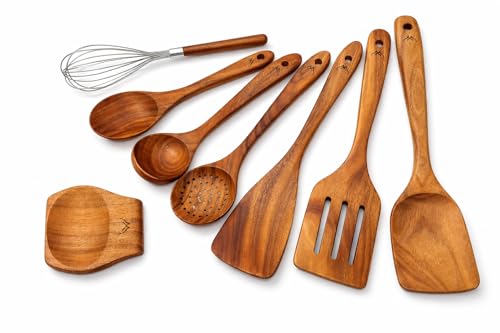 8 Pcs Teak Wooden Kitchen Utensil Set - Premium Cooking Spoons & Spatulas - Natural Wooden Cooking Tools - Variation of THIS listing