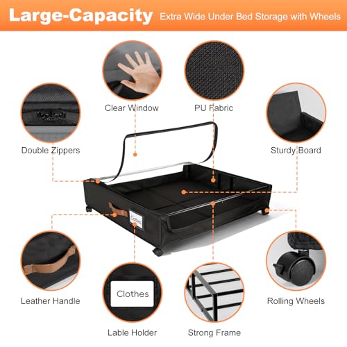 Large Under Bed Storage Bin with Wheels - 80L Capacity, 30.7 x 24 x 6.7 Inches, Black, 2-Pack