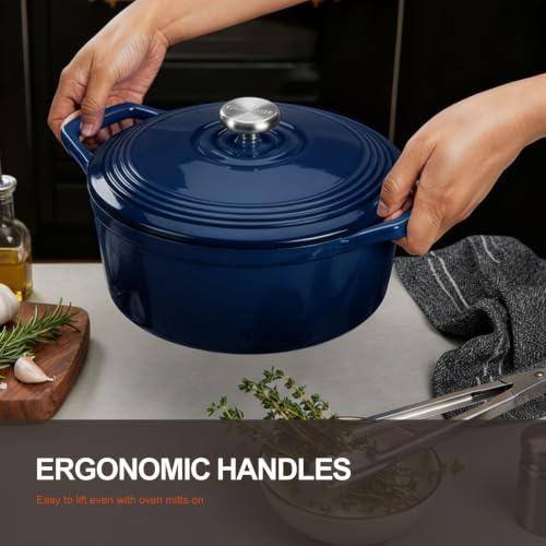 Overmont 5.5QT Enamel Cast Iron Dutch Oven - Midnight Sapphire, Includes Lid & Potholders