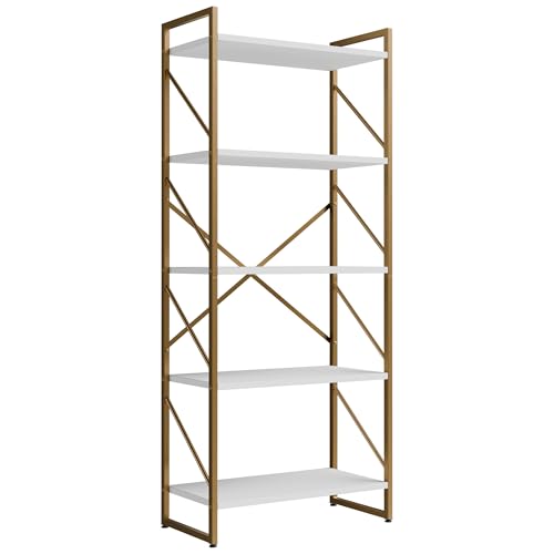 Gold 5-Tier Metal Bookshelf Tall Display Bookcase with Open Shelves
