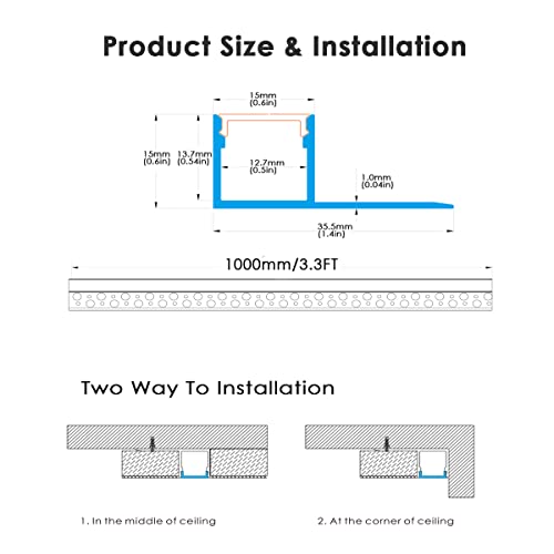 6-Pack 3.3ft LED Channel for Drywall and Tile Edges - Includes Milky Diffuser