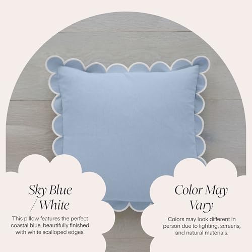 Scalloped Pillow Cover Set of 2 - 18x18 Cotton, Sky Blue & White - Elegant Home Decor
