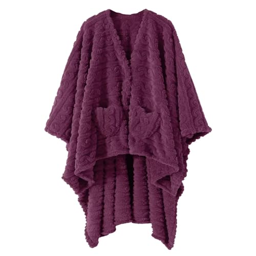 Mowkim Grape Wearable Sherpa Blanket Poncho with Pockets for Adults