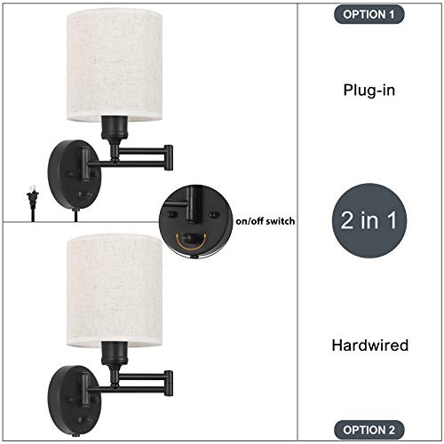 CADUKE Linen Plug-in Wall Sconce Set of 2 Swing Arm Wall Lamps - Modern Farmhouse Style