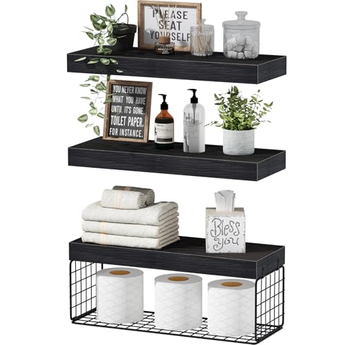 Over Toilet Wall Shelf Set - 3 Black Bathroom Shelves, 15.7 Inches