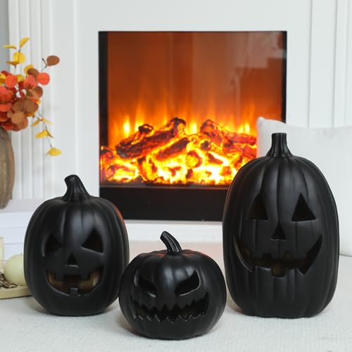 Black Halloween Jack O Lantern Decoration Set with LED Lights - 3 Pieces