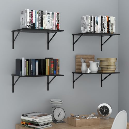 Housiture Black Floating Wall Shelves Set of 4 - 12 Inch Deep, Easy Install for Bathroom, Bedroom, Kitchen, Living Room