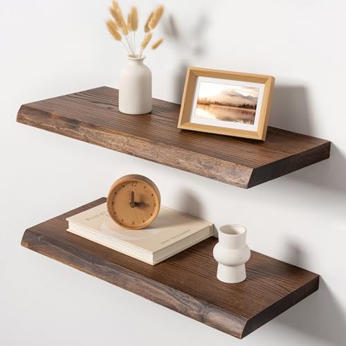 24 Inch Live Edge Floating Shelves Set of 2 - Solid Elm Wall Shelves with Industrial Brackets