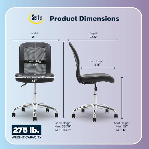Black Serta Armless Mesh Office Desk Chair with Wheels - Ergonomic & Adjustable