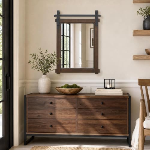 Besdomus Rustic Barn Door Bathroom Mirror 22x30 inch, Dark Brown, Ready to Hang