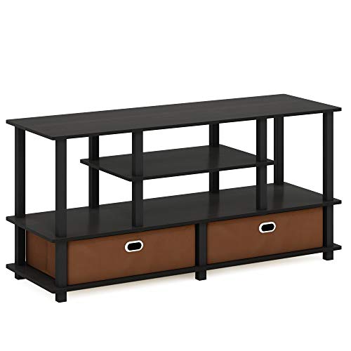 Furinno Jaya Black Espresso Toolless TV Stand for 55 Inch TVs, 4-Tier Media Console with 2 Fabric Bins