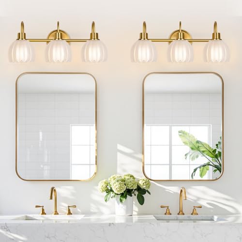 Meybiok 3-Light Brushed Gold Vanity Light Fixture with Frosted Tulip Glass Shades - Over Mirror Bathroom Lighting, Dimmable, Modern Home Decor