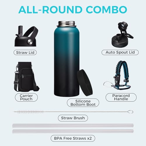 VICKNIY Indigo Black 40oz Insulated Water Bottle with Accessories – Keep Cold 48H Hot 24H, BPA-Free Stainless Steel, Paracord Handle, Carry Bag & Straw/Lid Options