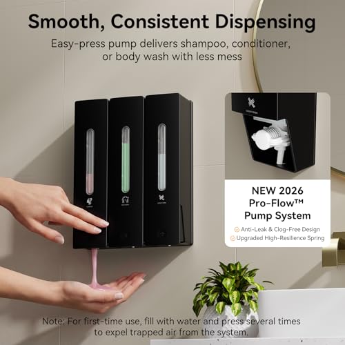 Wall-Mounted Shampoo and Conditioner Dispenser Set - No-Drill 1200ML Capacity - Black 3-Pack