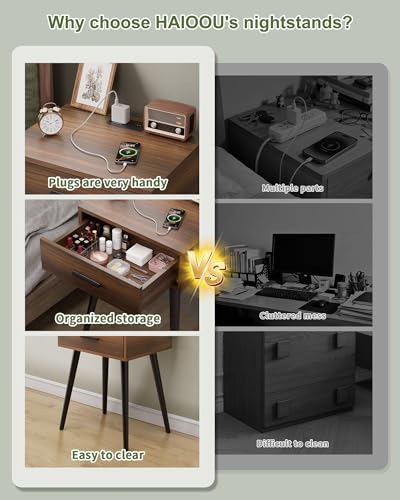 Nightstands Set of 2 with Charging Station - Mid Century Bedside Table NS003X
