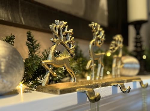 Set of 3 Cast Iron Reindeer Christmas Stocking Hangers - Burnished Gold Finish