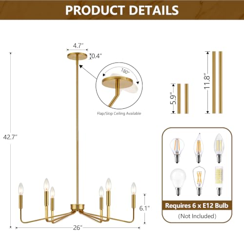 Brushed Gold 6-Light Candle Chandelier - Modern Dining Room Fixture