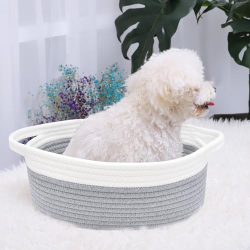 ABenkle 1 Pack Small Rope Storage Basket with Handles, Grey, 12x8x5 Inches - Boho Pet Toy & Organizer Bin for Nursery, Home, Gifts