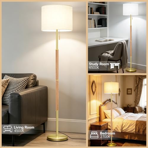 Wood Color Floor Lamp with Linen Shade - Natural Wood, 13.2 Inch for Bedroom