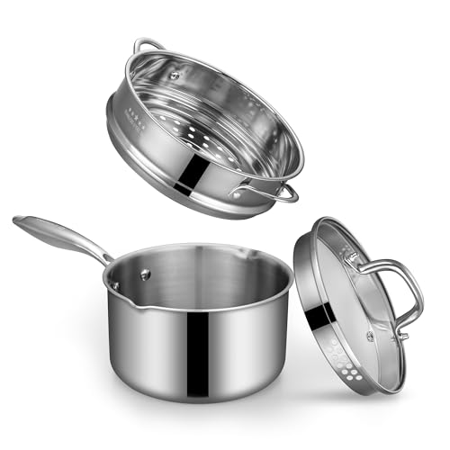 3.5 Qt Stainless Steel Saucepan with Steamer Basket & Glass Lid - Multi-Function Cooking Pot