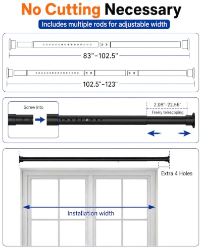 Heavy Duty Tension Curtain Rod 83-123 Inch Black Secure Lock for Windows