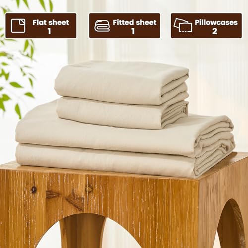 Queen Linen Sheet Set - 4 Pieces, 16" Deep Pockets, French Natural Flax