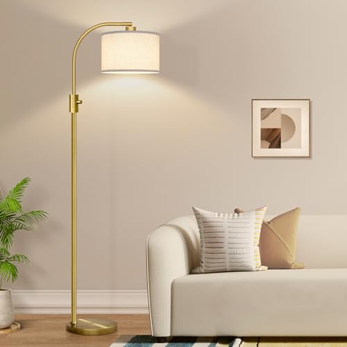 Nintiue Brass Arc Floor Lamp with Linen Shade - Dimmable Tall Standing Lamp for Living Room & Bedroom