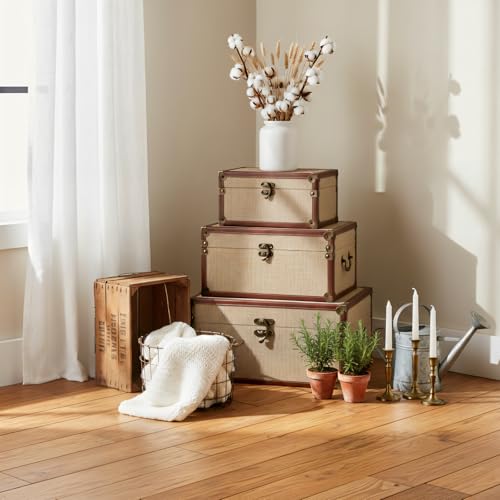 Farmhouse Storage Trunks Set of 3 Linen and Wood Vintage Chests for Living Room & Bedroom