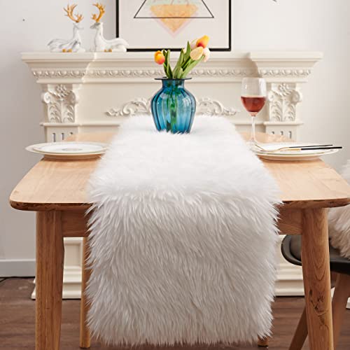 MeiSan Faux Fur White Table Runner 11.8x70.8 Inch for Holiday & Seasonal Decor