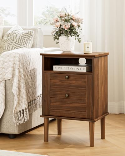 Walnut Nightstand with Drawer & Open Shelf - Modern Boho Bedside Table