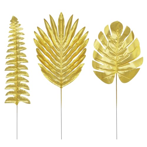 30Pcs 3 Kinds Artificial Golden Leaves with Stems Fake Gold Plants Foliage Stems Simulation Monstera Palm Leaves for Wedding Picks DIY Wreath Crafts Christmas Tree Filler Decors