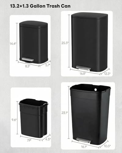 Black Stainless Steel 13.2+1.3 Gallon Trash Can Set with Pedal and Soft-Close Lid