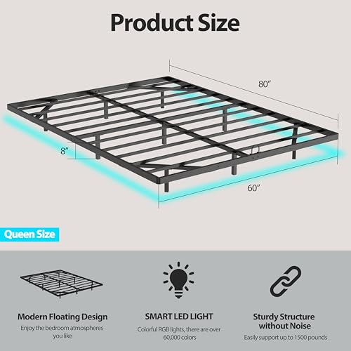 Floating Bed Frame with Smart LED Lights Queen - Modern Metal Platform Bed No Box Spring Needed