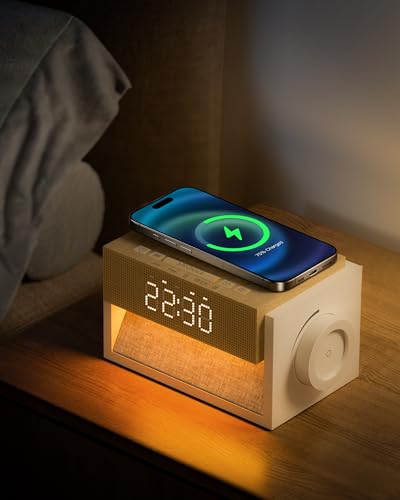 White Wood Sunrise Alarm Clock with Sound Machine & Wireless Charger - Bokefo