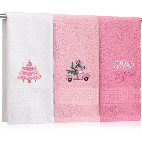 Pink Christmas Hand Towels Set - 3 Embroidered Holiday Bathroom & Kitchen Decor, Merry Christmas & Light Pink Variation
