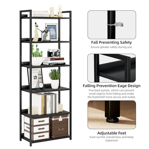 NUMENN 6 Tier Wide Freestanding Bookshelf, Black - Modern Multi-Use Shelving Unit