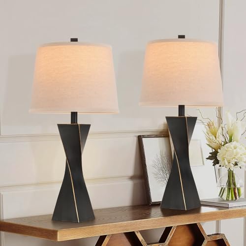 Liyicha Black Gold Set of 2 Modern Vintage Bedside Table Lamps, 26.5-Inch Linen Shade