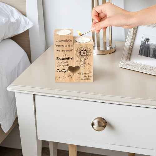 Zainpe Spanish Inspirational Graduation Candle Holders Gift for Teacher Women Friend Sister Bestie Mum Daughter, Wooden Heart Double Sided Printing Candlestick Birthday Friendship Gifts