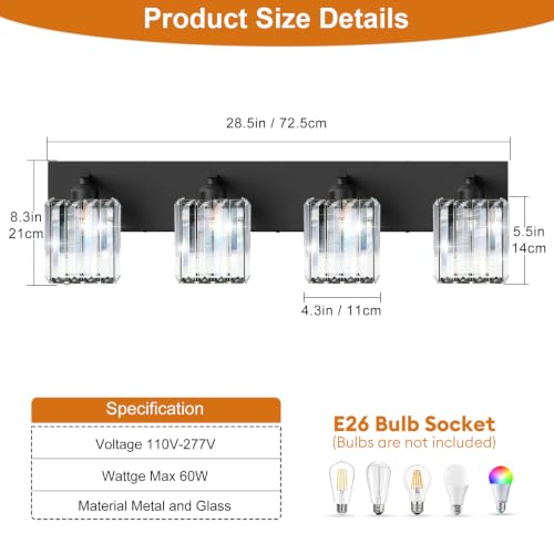 Black Crystal Bathroom Vanity Light - 4-Light Modern Wall Sconce with Square Shade - Matte Black Fixture