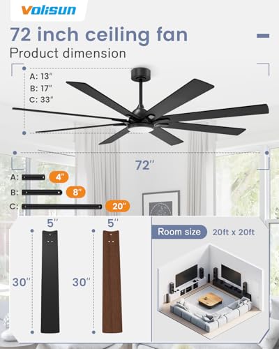 72-Inch Ceiling Fan with Lights and Remote - Black, Reversible & Quiet