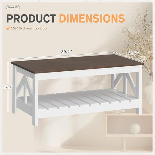 YESHOMY Farmhouse Coffee Table with Storage - Brown & White, Rectangular