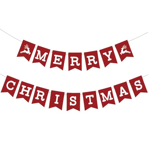 Neyeidru Red Merry Christmas Banner - Paper Party Sign, Pre-Strung